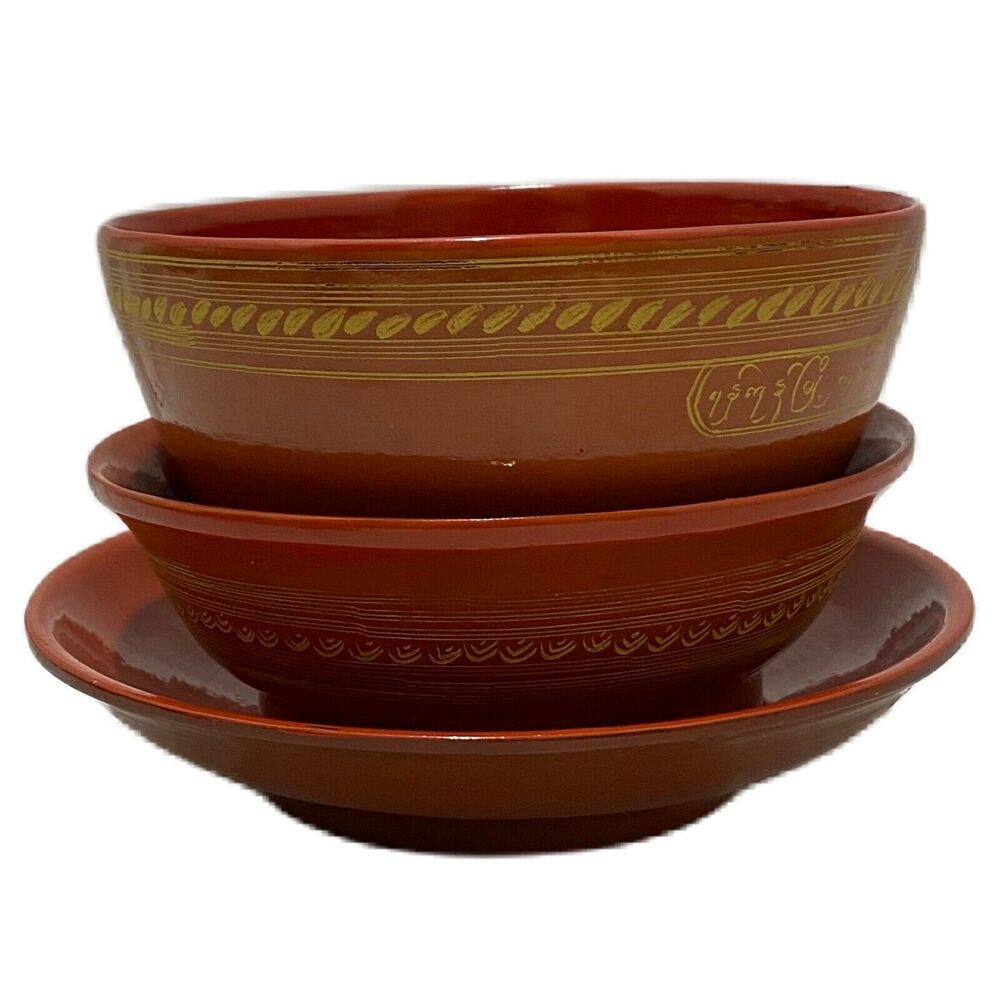 Burmese Lacquer Handmade Bowls and Plate Set From a Burma Temple